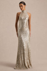 Tulia | Champagne Sequin High-Neck Maxi Dress