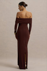 Jovie | Brown Bardot Wrap Maxi Dress With Sash Detail