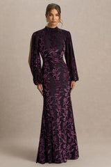 Janet | Black And Burgundy Devore High-Neck Maxi Dress With Cut-Out Details