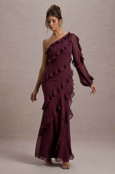Lalika | Burgundy Asymmetric One-Sleeve Ruffle Maxi Dress