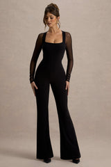 On Track | Black Flared-Leg Jumpsuit With Sheer Sleeves