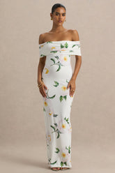 Capri | White Rose Print Bardot-Neck Maxi Dress With Ruched Detailing
