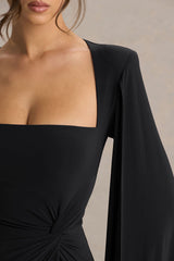 Claretta | Black Square Neck Twisted Maxi Dress With Cape Sleeves