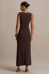 Fiora | Brown Wide-Neck Maxi Dress With Gathered Detail