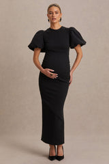 Luna | Black Crew-Neck Maternity Midi Dress With Puff-Sleeves