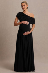 Noah | Black Asymmetric-Neck Maternity Maxi Dress With Drop-Waist