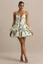 Flavia | White Botanical Print Linen Plunge-Neck Ruffled Skater Micro-Mini Dress