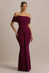 Envisioned | Burgundy Bardot-Neck Maxi Dress With Gathered And Drape Detail