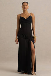 Virtue | Black Cowl-Neck Fishtail Maxi Dress With Split