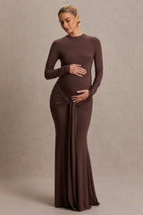 Aveny | Brown Crew-Neck Maternity Maxi Dress With Ruched-Detailing And Sash