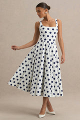 Berta | White And Navy Polka-Dot Square-Neck Midi Dress