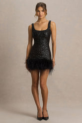 Rosalinda | Black Sequin Square-Neck Mini Dress With Feather Trim