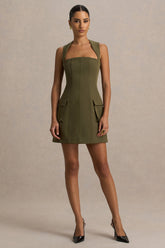 Mollie | Khaki Square-Neck Tailored Micro Mini Dress
