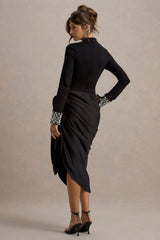 Luanna | Black Satin Long-Sleeve Midi Dress With Draped Skirt And Embellised Cuffs