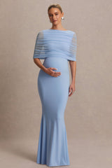 Zaria | Powder Blue Crew-Neck Maternity Maxi Dress With Cape-Overlay