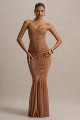 Talisa | Mocha Bandeau Ruched Maxi Dress With Mesh Fishtail