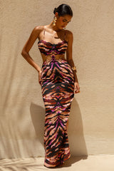 Roxana | Zebra Print Square Neck Maxi Dress With Open-Back