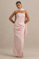 Joseline | Pale Pink Satin Corset Wrap Maxi Dress With Scarf