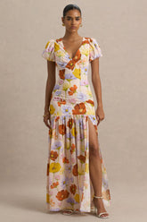 Ginny | Bright Floral Print Puff-Sleeve Split Maxi Dress