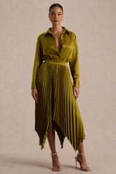 Naxos | Olive Satin Shirt Maxi Dress With Pleated Skirt