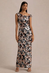 Electric | Black Velvet & Embellished Sequin Floral Asymmetric-Neck Maxi Dress