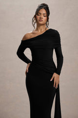 Valina | Black Ruched Asymmetric Maxi Dress With Drape