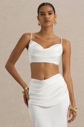 Una | White Ruched Cowl-Neck Crop Top