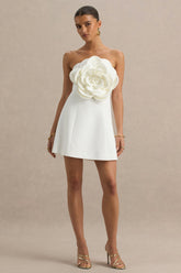 Daffodil | White Bandeau Mini Dress With Large Floral Corsage