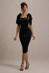 Tarna | Black Velvet Midi Dress With Bow Straps