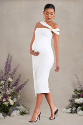 Just Wait | White Asymmetric Strappy Maternity Midi Dress With Drape