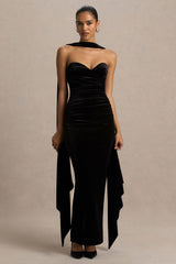 Paloma | Black Velvet Bandeau Maxi Dress With Scarf