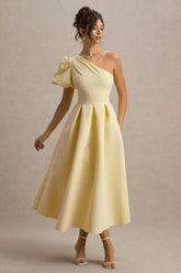 Rochelle | Pale Lemon Asymmetric Puff-Sleeve Midi Dress