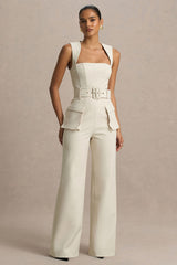 Solice | Cream Square-Neck Tailored Jumpsuit