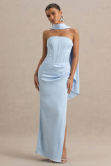Joseline | Powder Blue Satin Corset Wrap Maxi Dress With Scarf