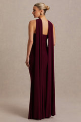 Lyra | Burgundy Cross Halter-Neck Maternity Maxi Dress With Cape