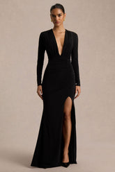 Command | Black Plunge-Neck Maxi Dress With Front-High Split
