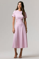 So Sweet | Pink Crew-Neck Midi Dress With Cut-Out Embroidered Detailing