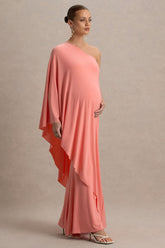Waves | Coral Asymmetric Maternity Maxi Dress With One-Sleeve Cape