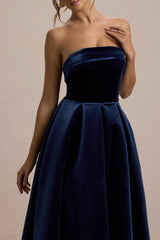 Addina | Navy Velvet Bandeau Skater Midi Dress