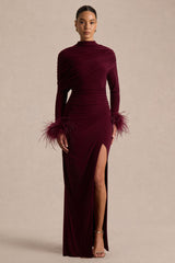 Gatsby | Burgundy High-Neck Maxi Dress With Feather Trim Cuffs