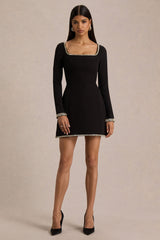 Caia | Black Embellished Square-Neck Mini Dress