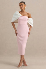 Lucille | Rose & Pink Asymmetric Bardot Midi Dress With Bow Detail