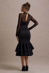 Sander | Black Mesh Long-Sleeve Ruffle-Hem Midi Dress