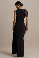 Brenda | Black Crew-Neck Maxi Dress With Mesh Cape And Sash