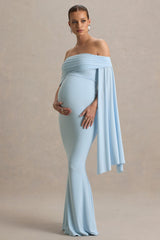 Aquila | Powder Blue Bardot Maternity Maxi Dress With Draped Detail