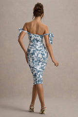 Citrus | Blue Porcelain Print Bardot Bodycon Midi Dress With Bow Sleeves