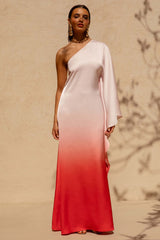 Jayla | Red Ombre Satin Asymmetric Maxi Dress With Long-Sleeve