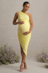Late Night | Lemon Maternity Ruched One Shoulder Midi Dress