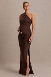 Darcie | Brown Asymmetric-Neck Maternity Maxi Dress