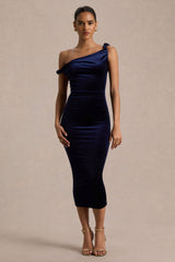 Carella | Navy Velvet Twisted Asymmetric Midi Dress